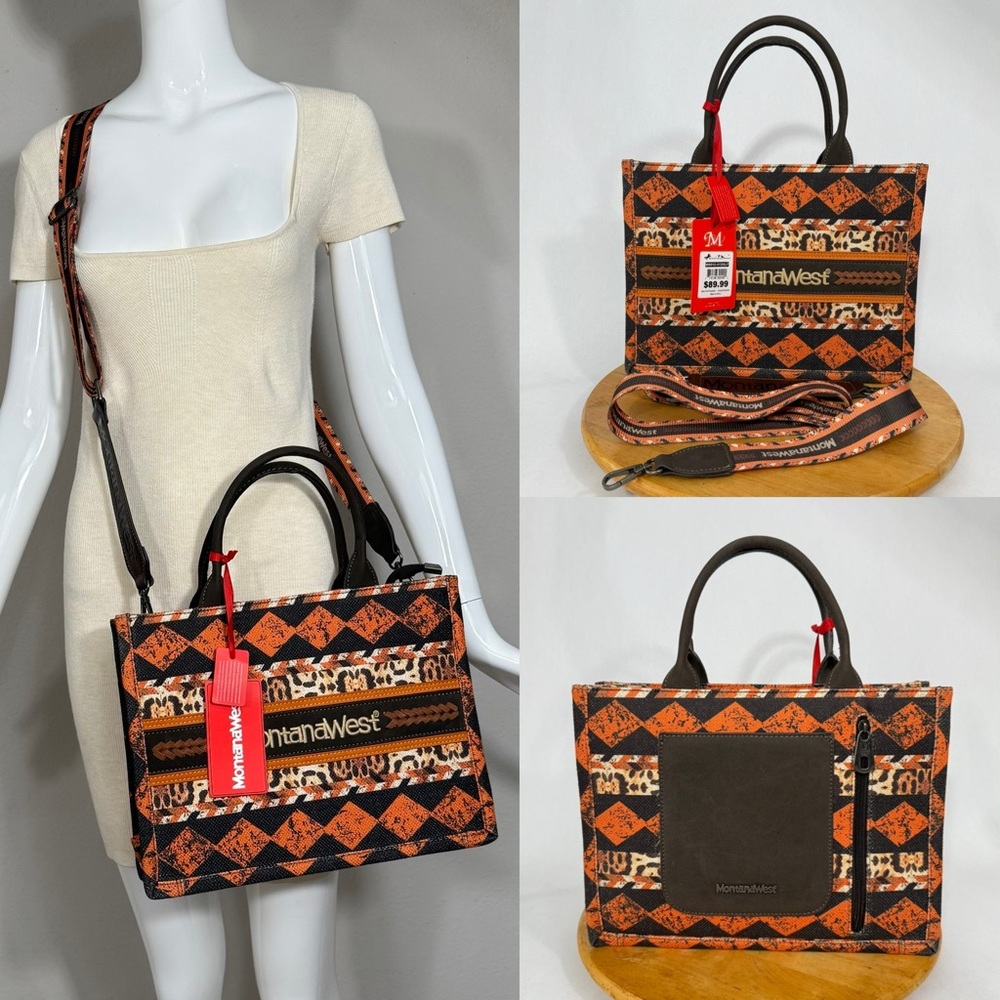 NWT Montana West Boho Ethnic Print Concealed Carry Wide Tote Leopard 9.5x13x5”